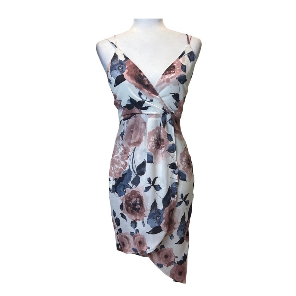 Lush Floral Print Dress Sleeveless Strappy Party Cocktail Wrap Asymmetrical Sz L